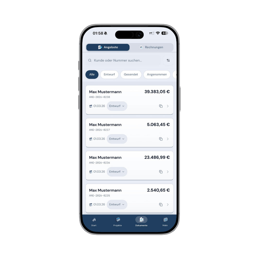 Zelino-App: Angebote und Rechnungen mit Status im Überblick