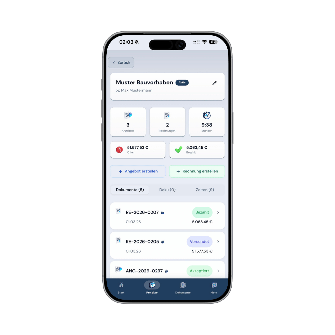 Zelino-App: Kundenaufträge in der Projektübersicht
