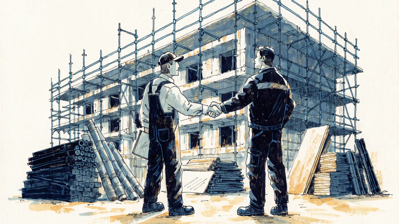 Gezeichnete Handwerker zweier Gewerke geben sich auf einer Neubau-Baustelle mit Gerüst die Hand