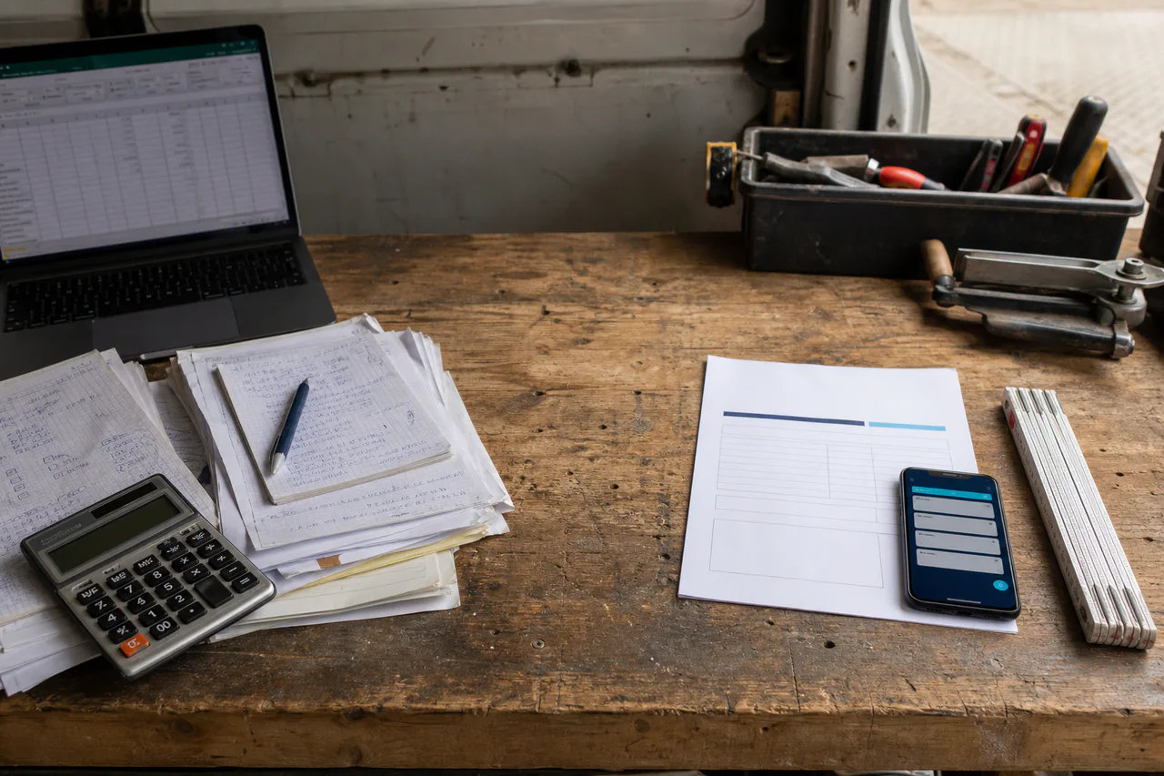 Vergleich zwischen Papier, Excel und einer mobilen Rechnungssoftware auf einer Handwerker-Werkbank