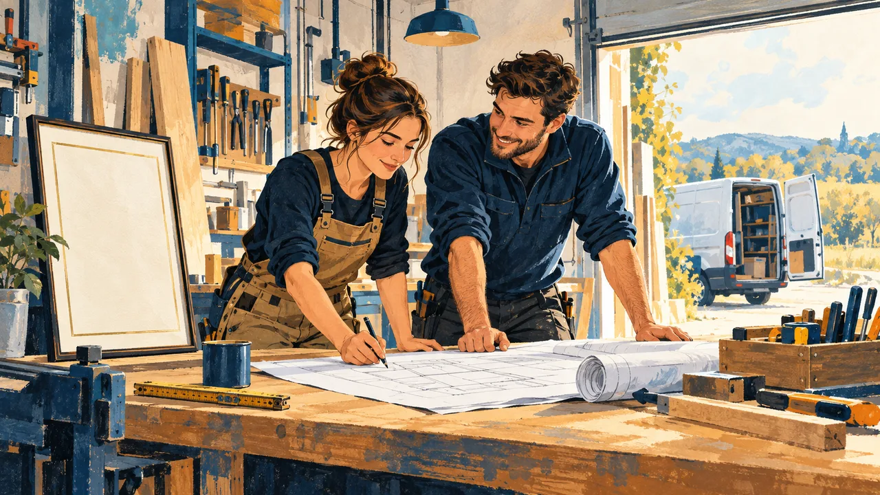 Gezeichnete Handwerkerin und Handwerker planen ihren neuen Betrieb an einer Werkbank mit Werkzeug und Meisterurkunde