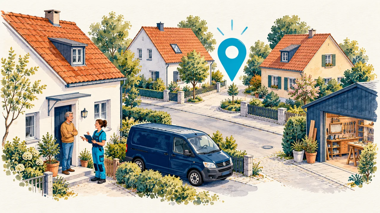 Illustriertes Wohnviertel mit markiertem Handwerksbetrieb als Sinnbild für lokale Auffindbarkeit