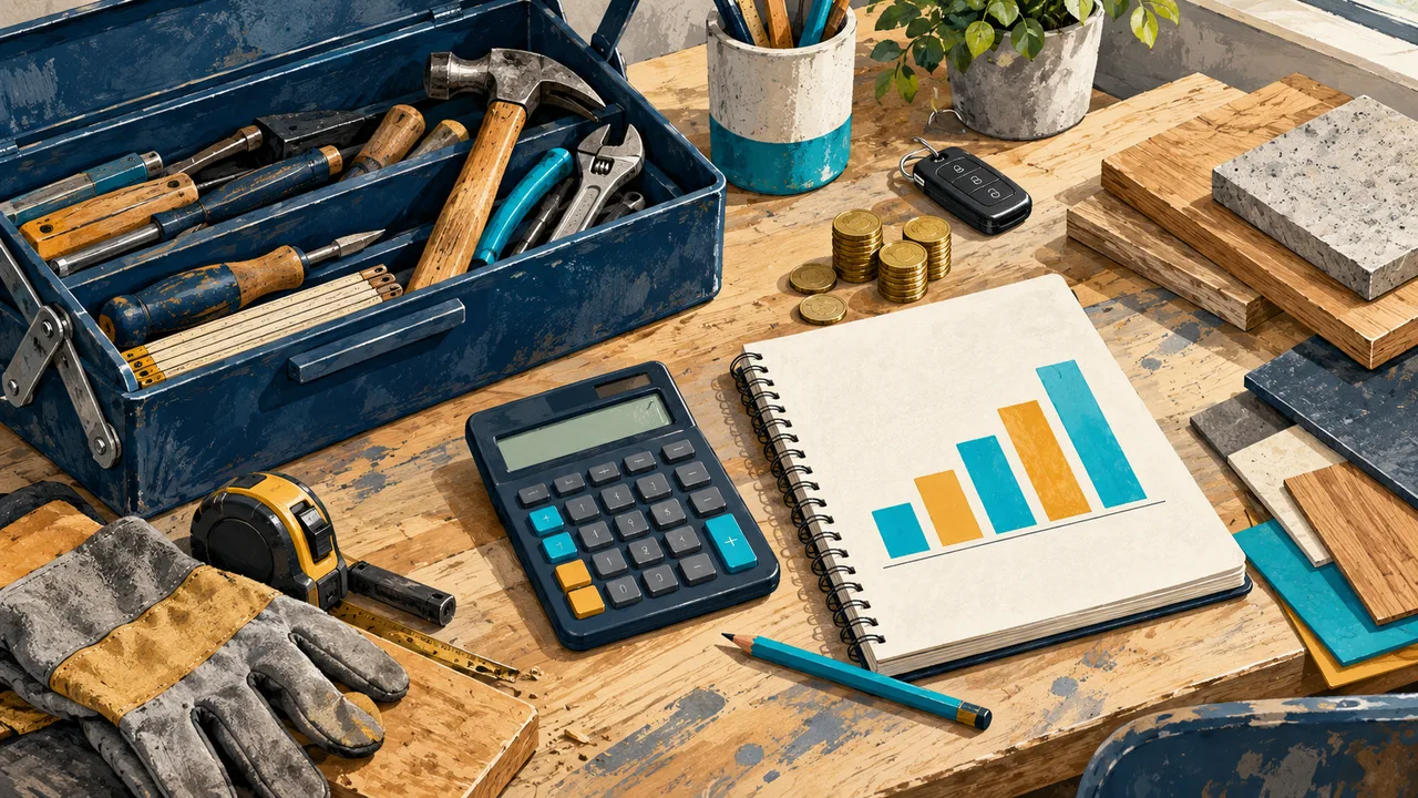 Gezeichnete Werkbank mit Werkzeugkoffer, Taschenrechner, Budgetnotizen und Fahrzeugschlüssel zur Planung der Gründungskosten