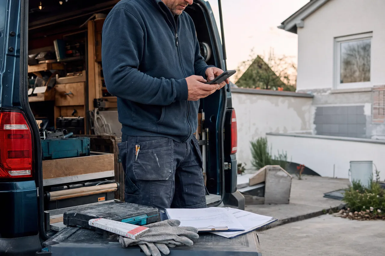 Handwerker nutzt am geöffneten Firmenwagen eine mobile Handwerkersoftware auf dem Smartphone