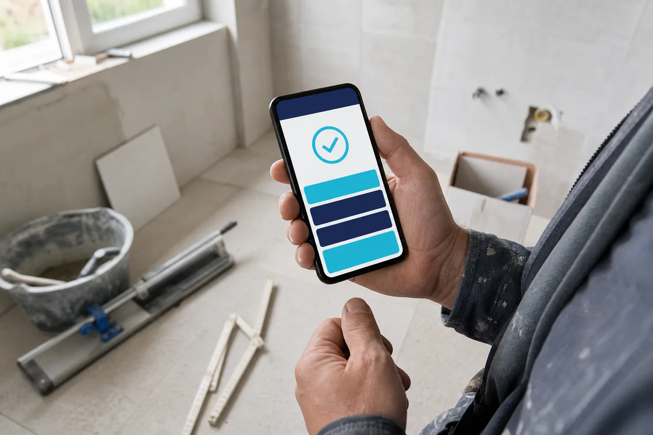 Handwerker prüft eine fertige Rechnung auf dem Smartphone direkt auf der Baustelle