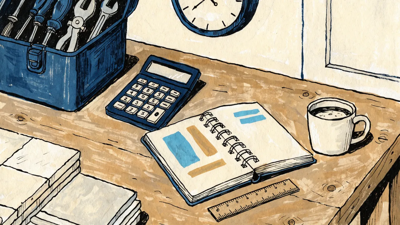 Gezeichnete Werkbank mit Werkzeugkiste, Taschenrechner, Notizbuch mit Balken und Wanduhr